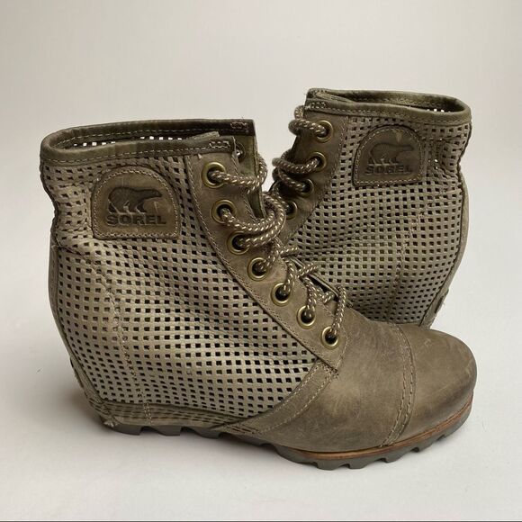 Sorel PDX Wedge Lace Up Peatmoss Green Leather Lexie Wedge boots 8 - Picture 1 of 6